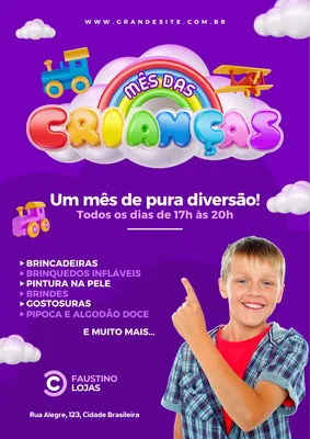 Cartaz roxo e branco para o Mês das Crianças, com o título em letras coloridas e 3D, ilustrações de trenzinho, avião e nuvens. Um menino sorridente aponta para a lista de atividades como brincadeiras e gostosuras.