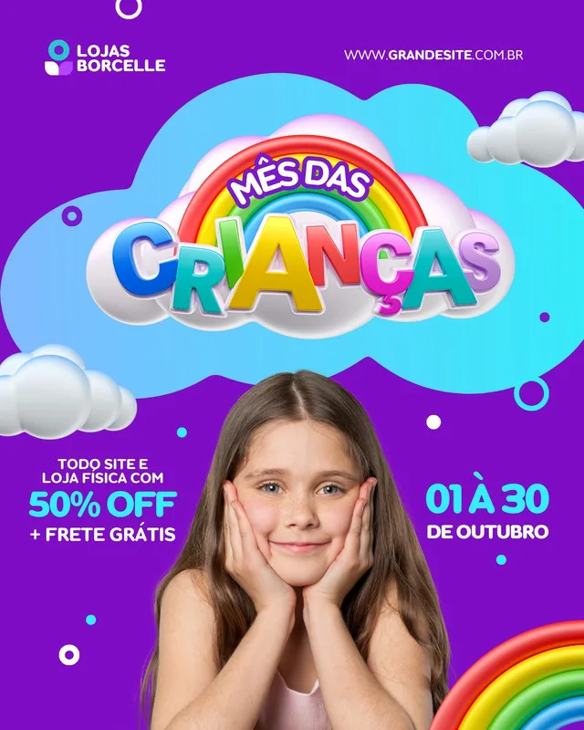 Post para Instagram com tema Mês das Crianças, apresentando uma menina sorridente com as mãos nas bochechas. O texto destaca "Mês das Crianças" com um arco-íris vibrante, "50% OFF + Frete Grátis" e o período de 01 a 30 de Outubro. Fundo roxo com nuvens e elementos lúdicos.