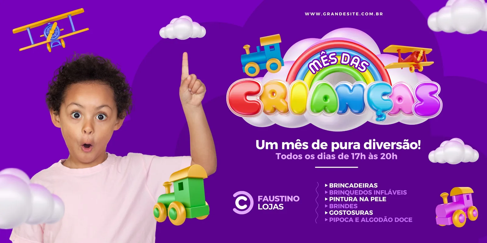 Banner horizontal roxo com o título 'Mês das Crianças' em letras coloridas e 3D, cercado por nuvens e arco-íris. Uma criança surpresa aponta para cima, com brinquedos como trens e aviões. Lista de atividades inclui brincadeiras, pintura e algodão doce.