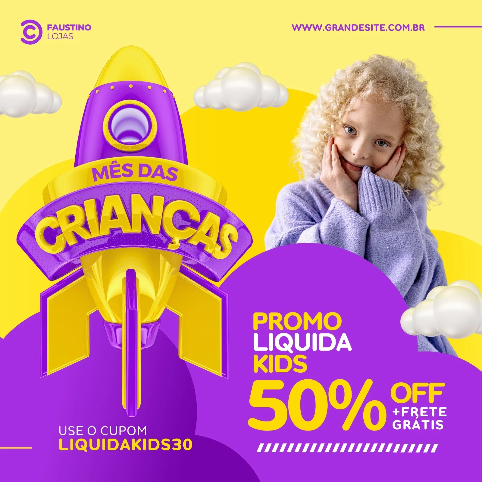 Postagem para redes sociais com tema Mês das Crianças, apresentando um foguete roxo e amarelo com a frase 'Mês das Crianças'. Ao lado, uma menina loira sorri. O texto anuncia 'Promo Líquida Kids 50% OFF + Frete Grátis' e um cupom.