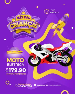 Post para Instagram com tema Mês das Crianças, destacando uma moto elétrica em oferta. Fundo roxo com elementos lúdicos como estrela, foguete e disco voador. Cores vibrantes roxo e amarelo. Ideal para lojas de brinquedos.