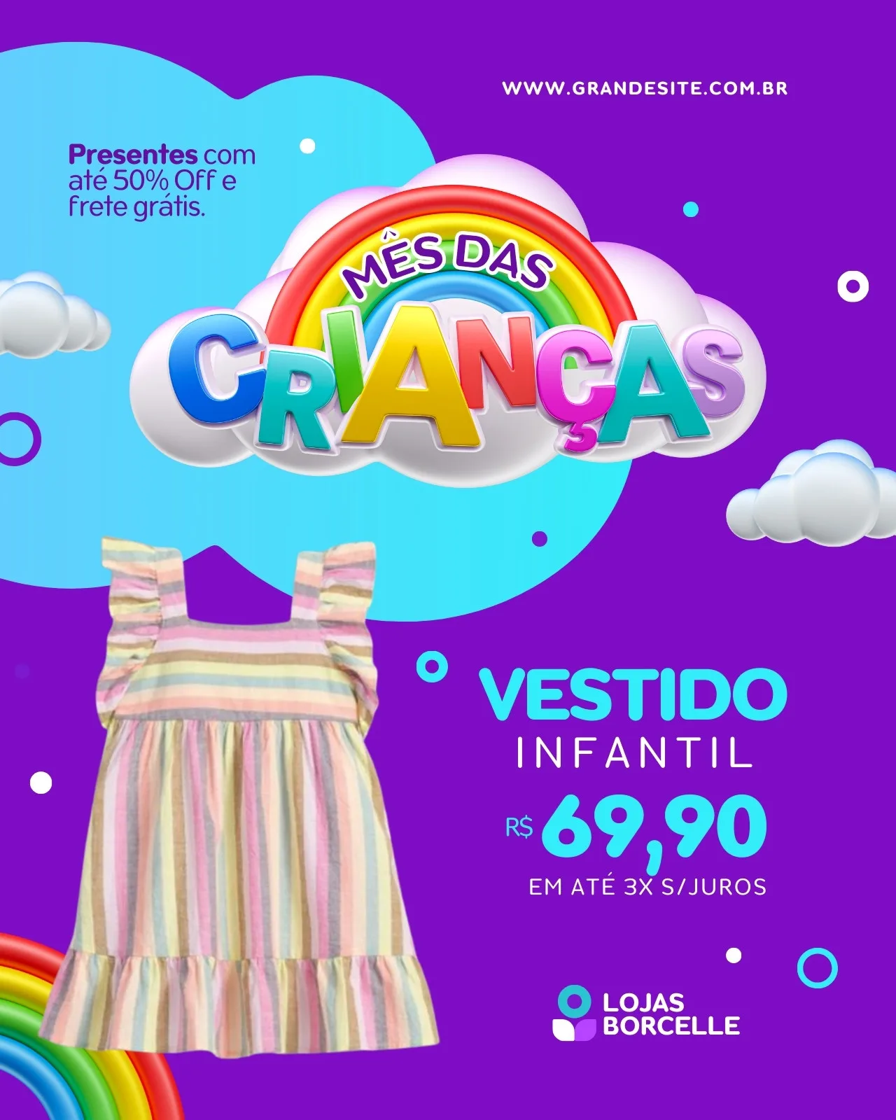 Post de Instagram promocional para o Mês das Crianças, com tema infantil e arco-íris. Destaca um vestido listrado colorido com preço e oferta de 50% OFF e frete grátis.