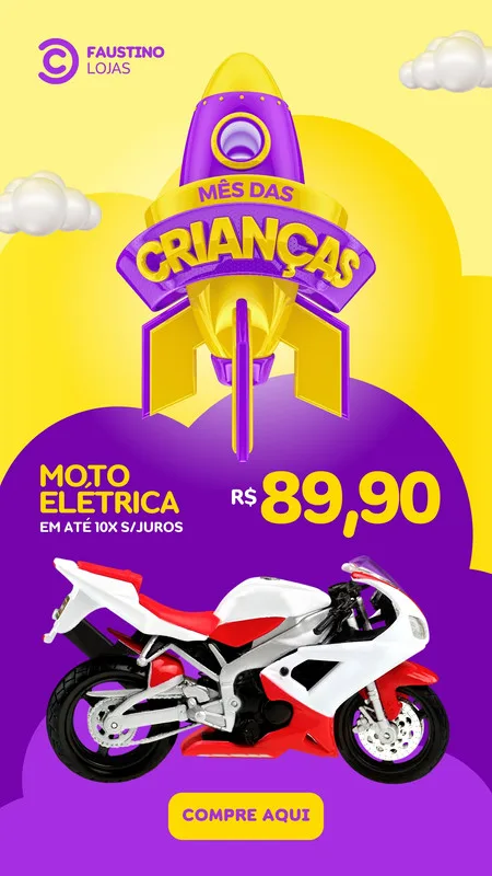 Template de Story para Instagram com tema de Mês das Crianças. Um foguete roxo e amarelo com a inscrição 'Mês das Crianças' no topo, sobre um fundo amarelo com nuvens. Abaixo, uma moto elétrica branca e vermelha com o preço R$89,90 e botão 'Compre Aqui'.