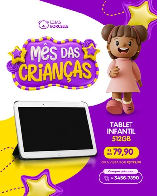 Post para Instagram com tema 'Mês das Crianças', destacando um tablet infantil em promoção. O design vibrante em roxo e amarelo inclui uma ilustração de uma criança feliz e estrelas, com informações de preço e contato.