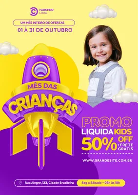 Cartaz promocional para Mês das Crianças com fundo amarelo e roxo. Apresenta uma menina sorrindo, um foguete estilizado e o texto 'Mês das Crianças', 'Promo Líquida Kids', '50% OFF' e 'Frete Grátis'.