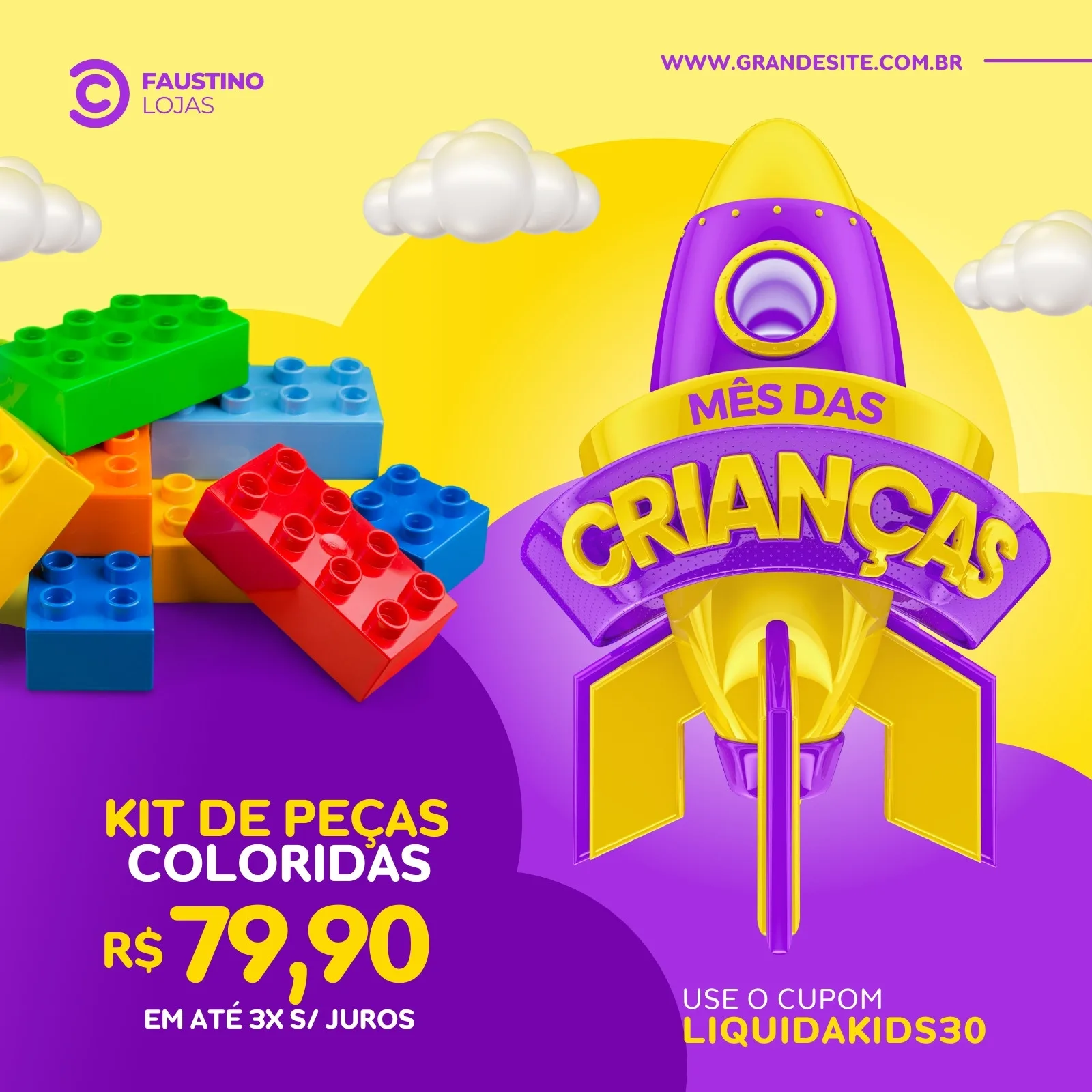 Post de Instagram roxo e amarelo com tema Mês das Crianças. Um foguete estilizado com o texto 'Mês das Crianças' em destaque. Ao lado, um kit de peças de montar coloridas e o preço da oferta. Ideal para promoções de lojas.