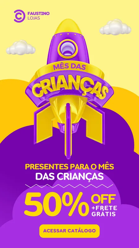 Story de Instagram com fundo amarelo e roxo vibrante, apresentando um foguete roxo e amarelo com a frase 'Mês das Crianças'. Abaixo, destaca-se 'Presentes para o Mês das Crianças', '50% OFF + Frete Grátis' e um botão 'Acessar Catálogo'.