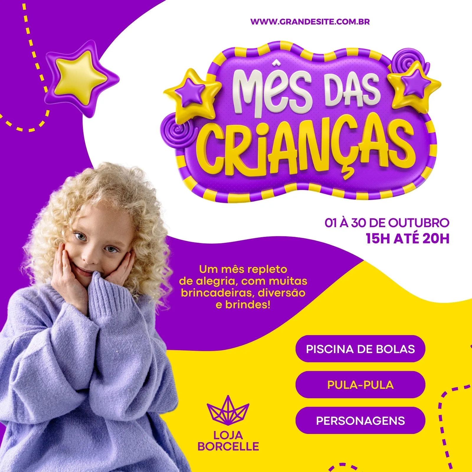 Template de post para Instagram com tema Mês das Crianças. Fundo amarelo e roxo com uma menina sorrindo, estrelas e o título 'Mês das Crianças'. Promove atividades como piscina de bolhas e pula-pula.