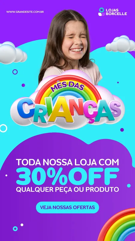 Story para Instagram com tema Mês das Crianças, apresentando uma menina sorrindo, um arco-íris vibrante e a oferta de 30% OFF em toda a loja. Cores predominantes azul, roxo e branco, com elementos lúdicos e nuvens.