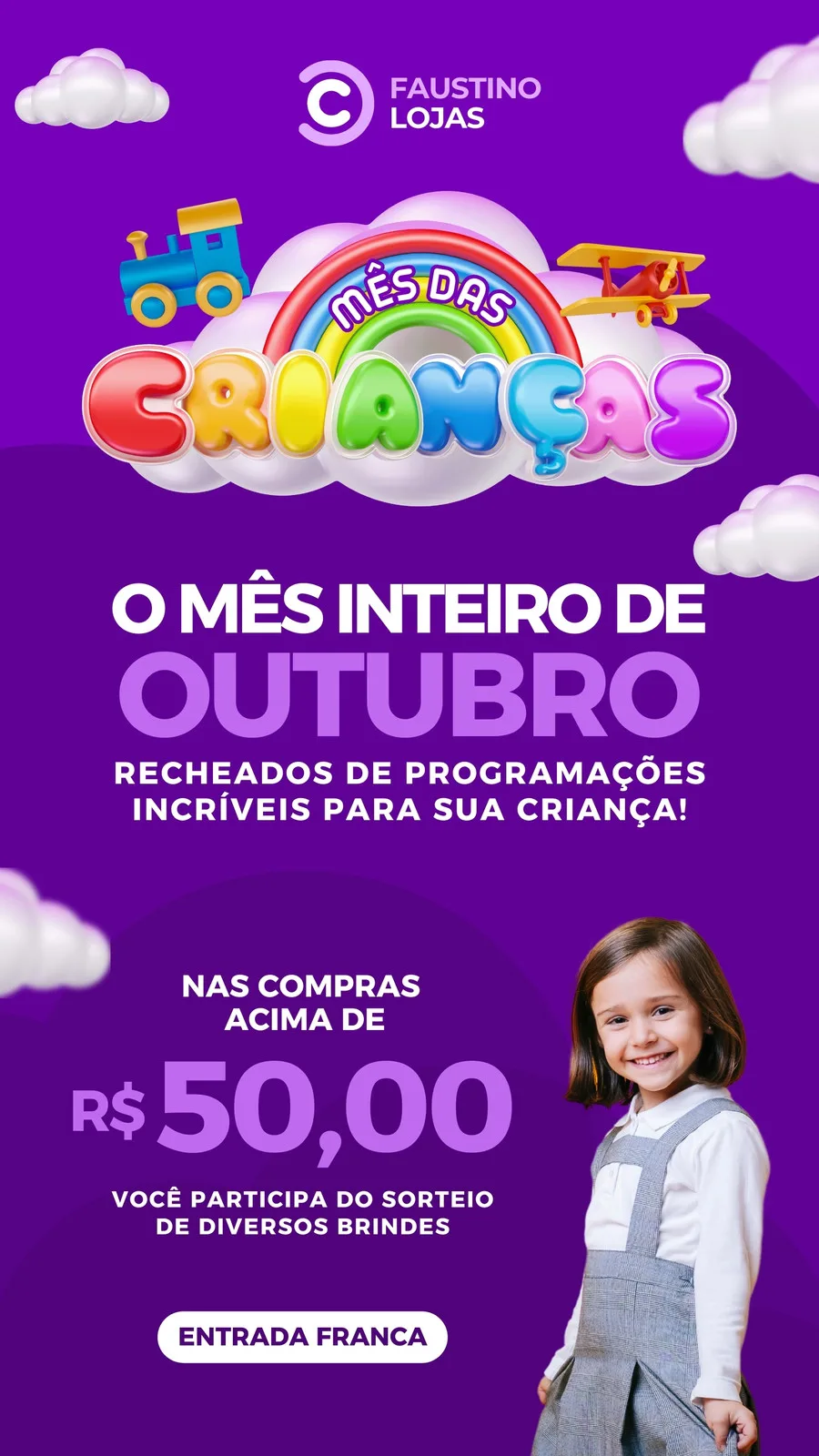 Story para Instagram com tema Mês das Crianças em roxo e branco. Apresenta um arco-íris vibrante com o texto 'Mês das Crianças', nuvens, brinquedos e uma menina sorrindo. Promove ofertas e sorteios para compras acima de R$50.