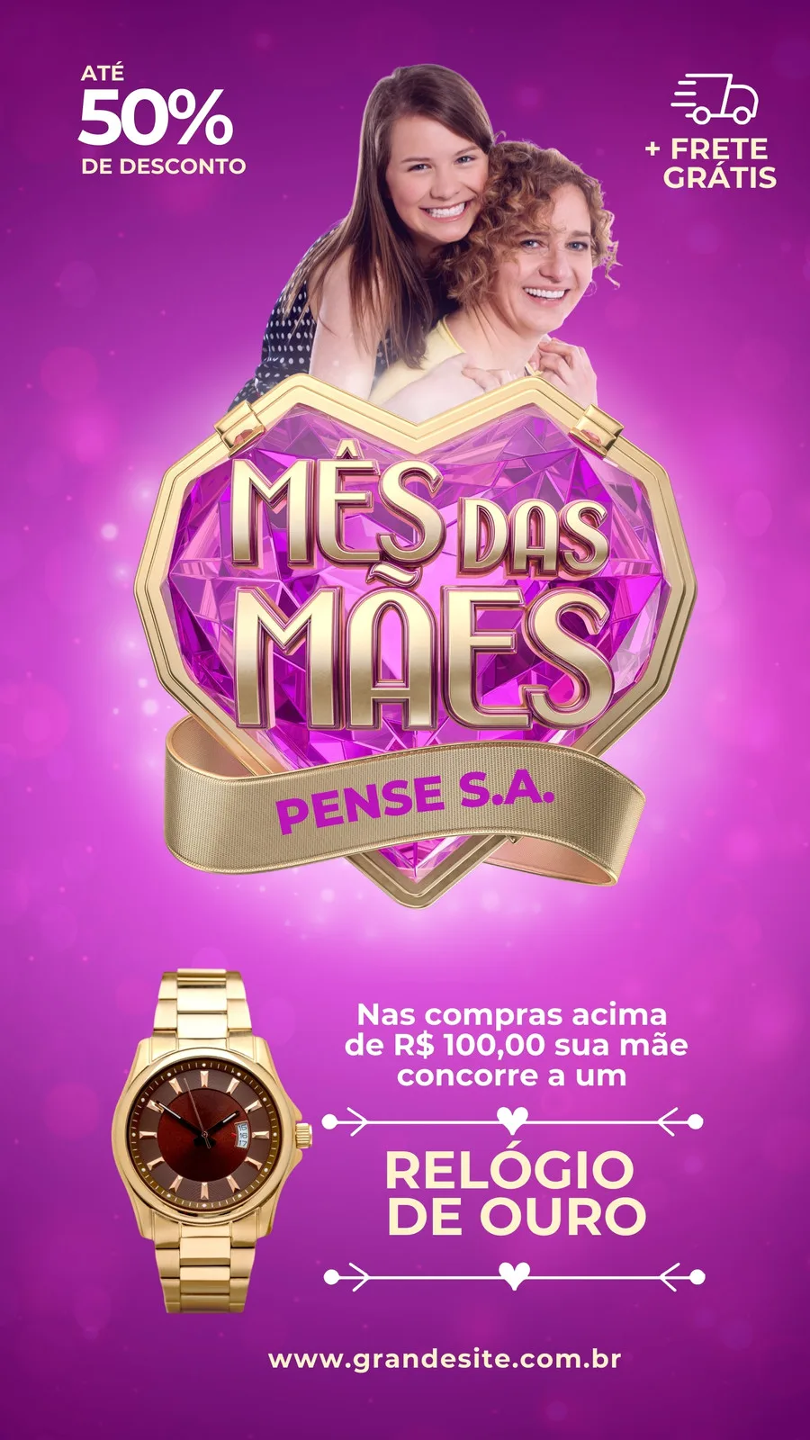 Story de Instagram com fundo rosa e roxo vibrante, promovendo o Mês das Mães. Apresenta duas mulheres sorrindo, um grande emblema em forma de coração com 'Mês das Mães' em dourado, um relógio de ouro em destaque, e informações sobre 50% de desconto e sorteio de prêmios.