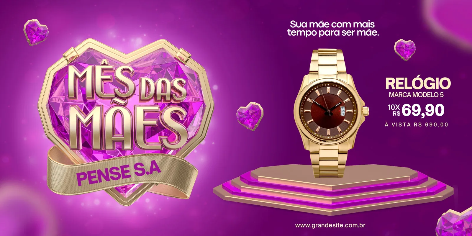Banner horizontal promocional em tons de roxo e rosa, com um grande coração de cristal escrito 'Mês das Mães' e um relógio dourado em destaque, anunciando uma oferta especial.