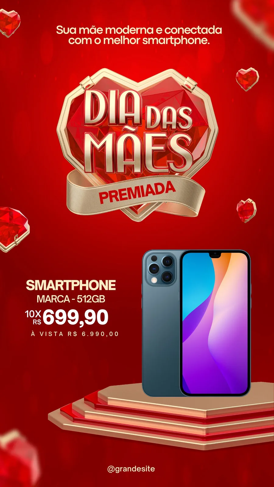 Template de Story para Instagram com fundo vermelho vibrante. Destaca um coração com a inscrição 'Dia das Mães Premiada', um smartphone moderno e detalhes de preço. Perfeito para promoções de varejo e datas comemorativas.
