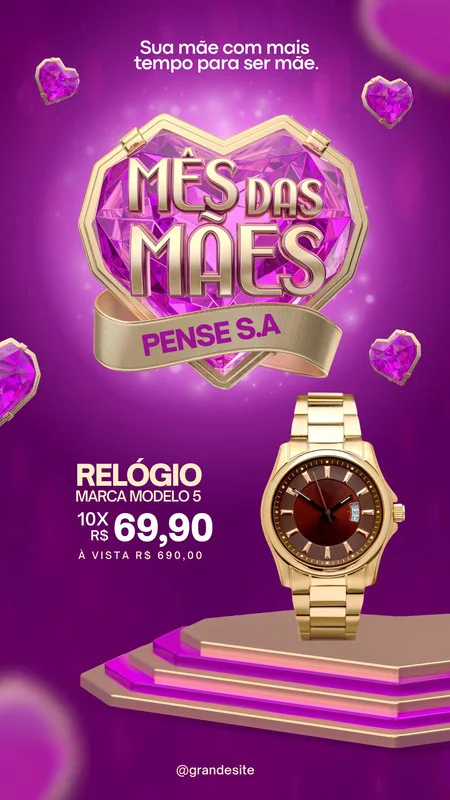 Template de Story para Instagram com fundo roxo vibrante, um coração com a inscrição 'Mês das Mães' em dourado e cristais. Abaixo, um relógio dourado em destaque com preço promocional, ideal para divulgar ofertas de moda e comércio.