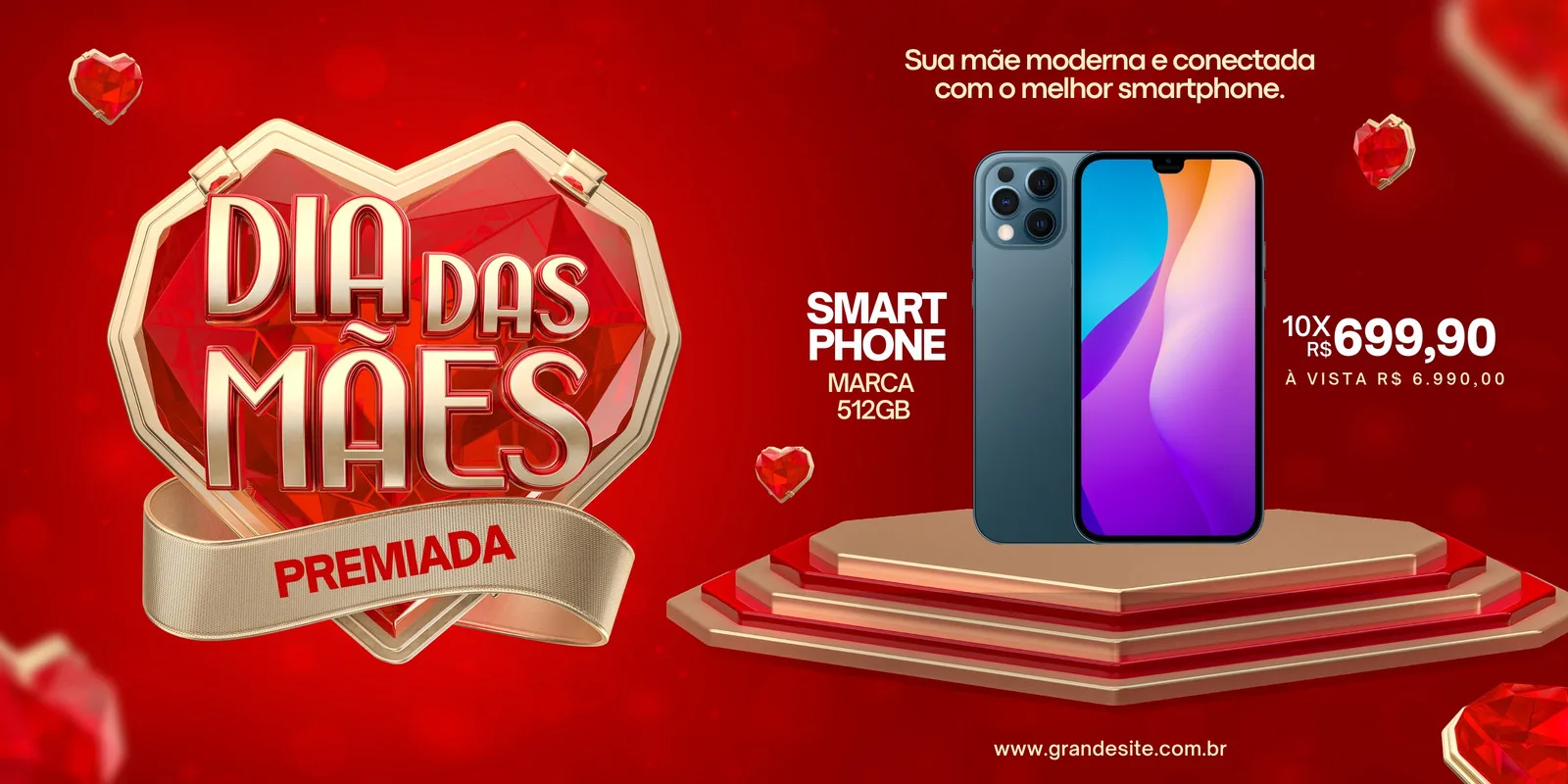Banner horizontal vermelho com o logo 'Dia das Mães Premiada' em destaque. Ao lado, um smartphone moderno em oferta, com preço parcelado e à vista, ideal para presentear no Dia das Mães.