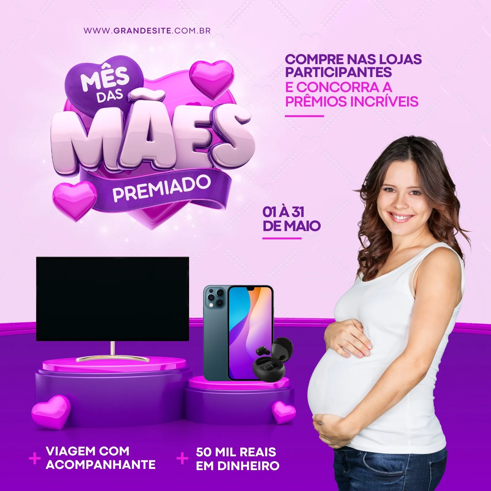 Template de post para Instagram com tema de Mês das Mães. Apresenta um título em 3D 'Mês das Mães Premiado', ícones de coração, uma mulher grávida sorrindo e imagens de prêmios como TV, celular e fones de ouvido. O fundo é em tons de rosa e roxo.