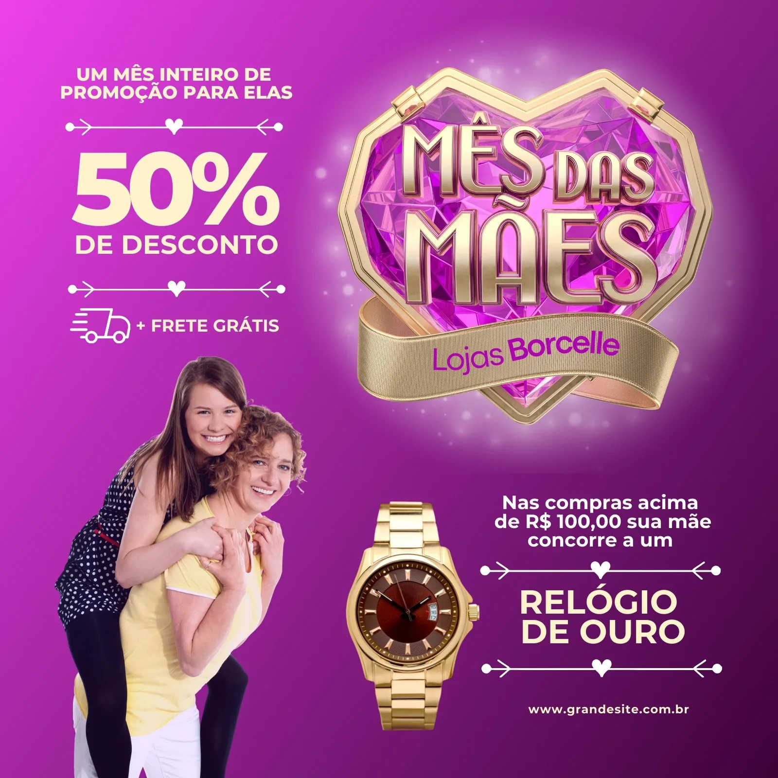 Post de Instagram para promoção de Mês das Mães com fundo roxo e detalhes em dourado. Destaca 50% de desconto, frete grátis e sorteio de relógio de ouro, com imagem de mãe e filha sorrindo.