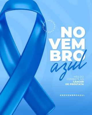 Post de Instagram com fundo azul claro e uma grande fita azul vibrante em destaque. O texto principal em branco diz 'Novembro Azul', com a frase 'Mês do Combate ao Câncer de Próstata' abaixo. Um hashtag #NovembroAzul aparece no final.