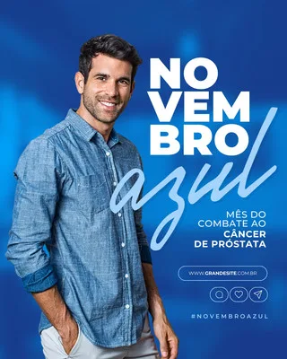 Homem sorridente em camisa jeans azul, com fundo azul vibrante. Texto em destaque 'Novembro Azul' e 'Mês do Combate ao Câncer de Próstata'. Promove conscientização e prevenção.
