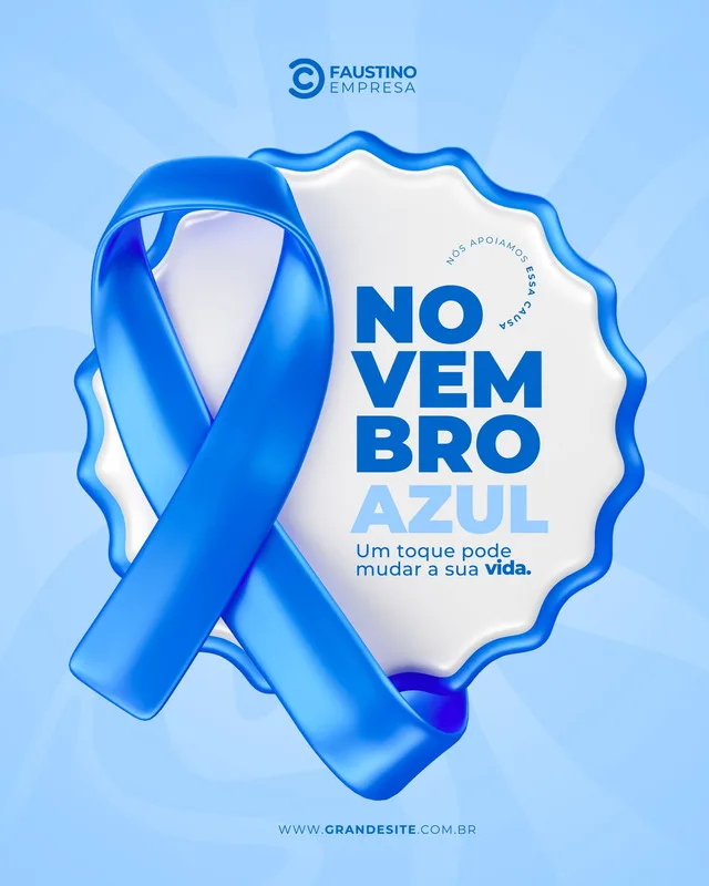 Post para redes sociais com fundo azul claro, apresentando uma fita azul em 3D simbolizando o Novembro Azul. O texto centralizado diz 'Novembro Azul' com a frase 'Um toque pode mudar a sua vida'.
