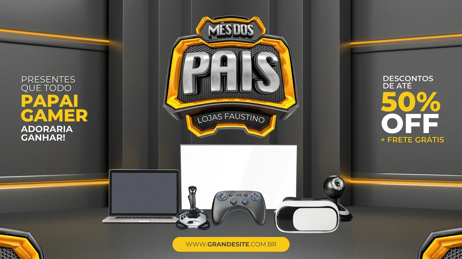 Banner horizontal para o Mês dos Pais com tema gamer, exibindo um laptop, controle de videogame, óculos de realidade virtual e webcam. Destaca a oferta de 50% OFF e frete grátis, com o slogan 'Presentes que todo papai gamer adoraria ganhar'.