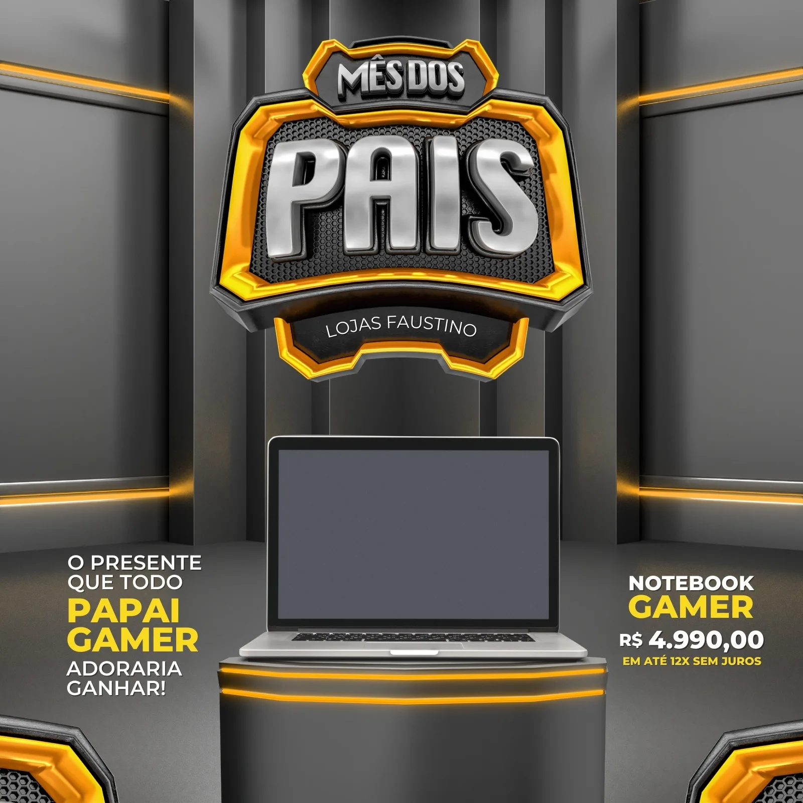 Template de post para Instagram e Facebook com tema Mês dos Pais, destacando um notebook gamer em promoção. O design é moderno, com cores preto, amarelo e branco, e elementos gráficos que remetem a jogos e tecnologia, ideal para lojas de eletrônicos.