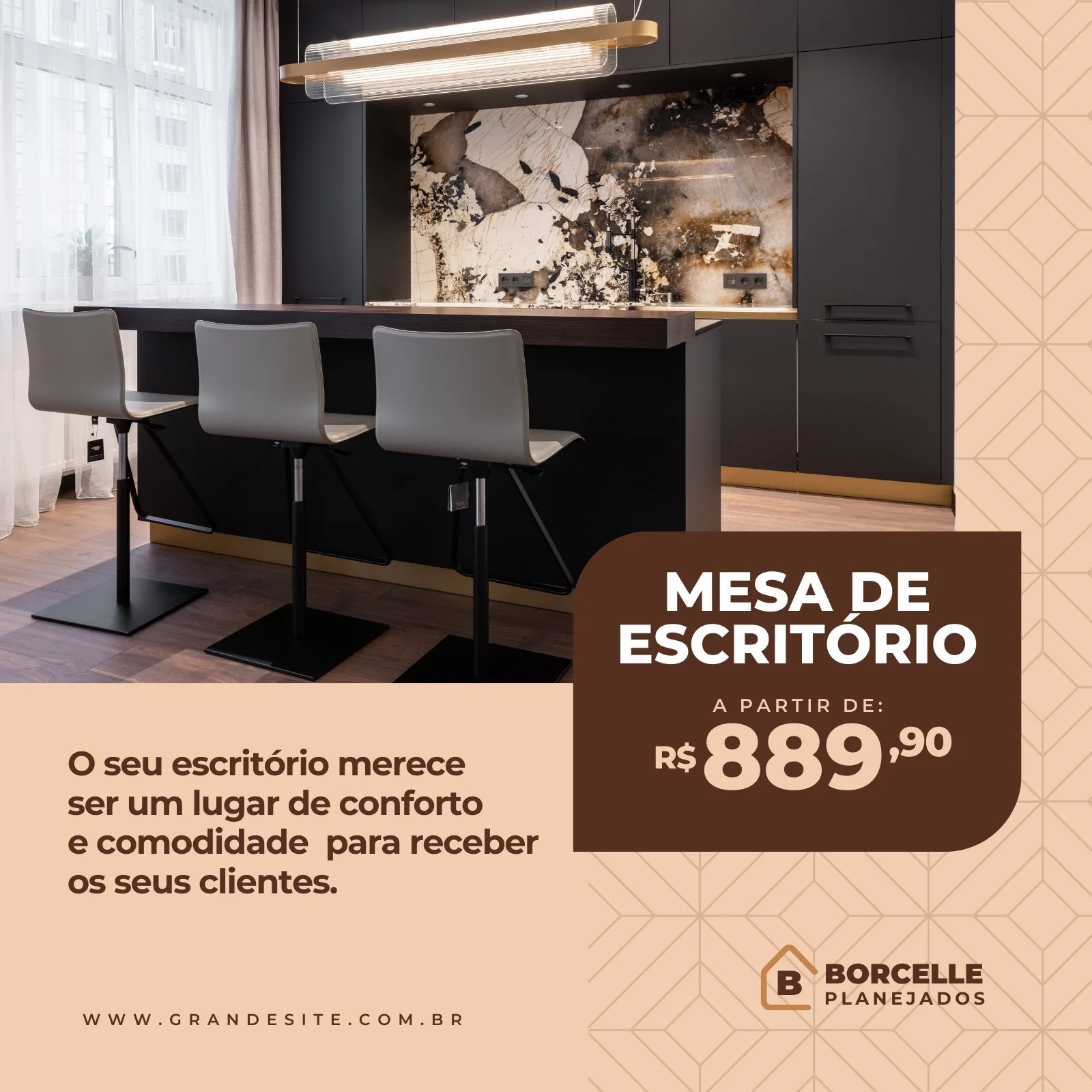 Post de feed para Instagram e Facebook com fundo bege e padrão geométrico sutil. Apresenta uma imagem de um escritório moderno com uma bancada escura e cadeiras altas. Um box marrom exibe o texto 'Mesa de Escritório' e o preço R$ 889,90, com o logo da Borcelle Planejados.