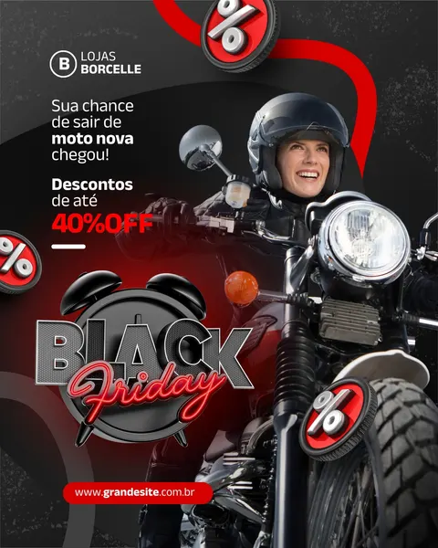 Post de Black Friday para loja de motos. Imagem de mulher sorridente com capacete em moto, fundo escuro com detalhes gráficos em vermelho e preto. O design moderno destaca 'BLACK Friday' e ícones de porcentagem, anunciando descontos de até 40% OFF em motos novas, ideal para concessionárias e revendedoras.