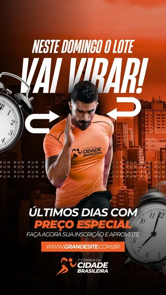 Um homem correndo em primeiro plano, com um relógio analógico em cada lado e um fundo urbano desfocado. O texto principal diz "Neste domingo o lote vai virar!" e "Últimos dias com preço especial", com um CTA para inscrição.