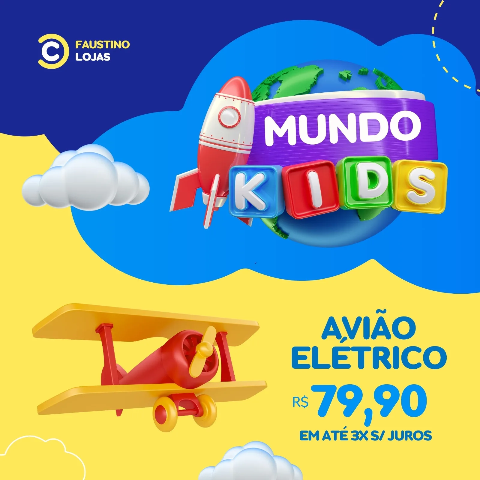 Post para Instagram com tema infantil para o Dia das Crianças, apresentando um avião de brinquedo vermelho e amarelo, um foguete e o logo 'Mundo Kids'. Cores predominantes azul, amarelo e branco, com elementos lúdicos e divertidos.