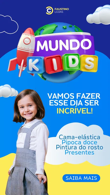 Template de Story para Instagram com tema "Mundo Kids" para o Dia das Crianças. Um foguete vermelho e branco decola ao lado de blocos coloridos com as letras K, I, D, S. Uma menina sorri no canto inferior esquerdo. O fundo é azul com nuvens brancas e um globo terrestre.
