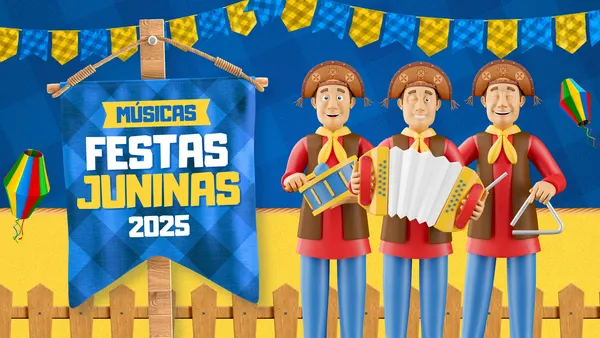 Miniatura de YouTube com tema de Festa Junina, apresentando três personagens animados tocando instrumentos como sanfona e triângulo. Um banner azul com 'Músicas Festas Juninas 2025' em destaque, decorado com bandeirinhas e balões coloridos, em tons de azul e amarelo.
