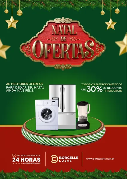 Cartaz de promoção de Natal para eletrodomésticos em tons de verde e vermelho. Destaca uma lavadora, geladeira e liquidificador em um palco decorado, com o título 'Natal de Ofertas' em destaque e a oferta de 30% de desconto.