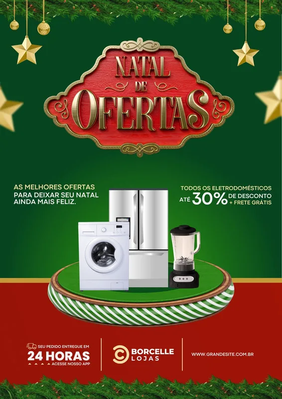 Cartaz de promoção de Natal para eletrodomésticos em tons de verde e vermelho. Destaca uma lavadora, geladeira e liquidificador em um palco decorado, com o título 'Natal de Ofertas' em destaque e a oferta de 30% de desconto.