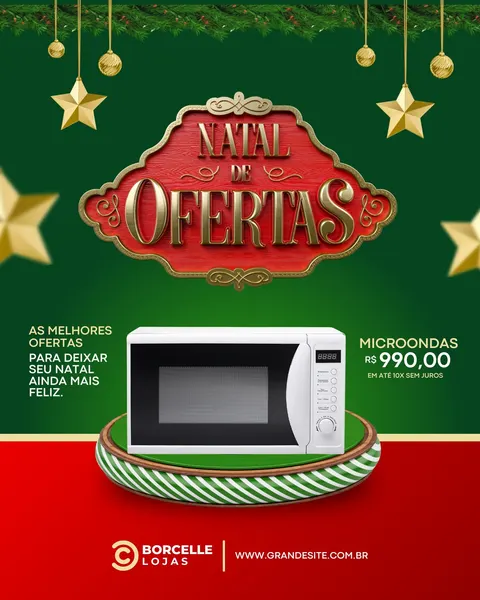 Template de post para Instagram com tema de Natal, apresentando um micro-ondas em destaque. O fundo é verde com decorações natalinas douradas e vermelhas, com o texto 'Natal de Ofertas' em destaque, promovendo eletrodomésticos.