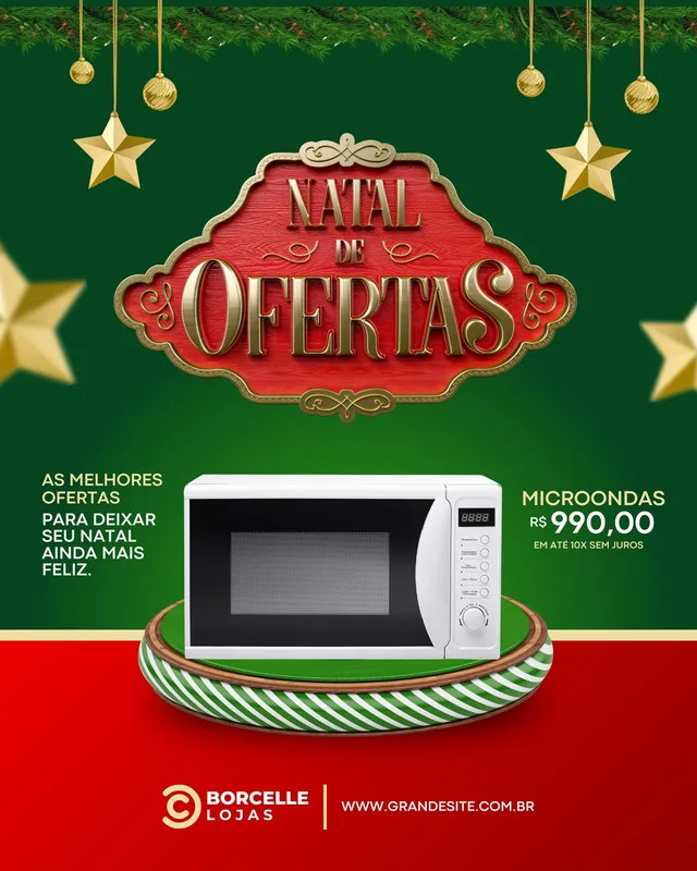 Template de post para Instagram com tema de Natal, apresentando um micro-ondas em destaque. O fundo é verde com decorações natalinas douradas e vermelhas, com o texto 'Natal de Ofertas' em destaque, promovendo eletrodomésticos.