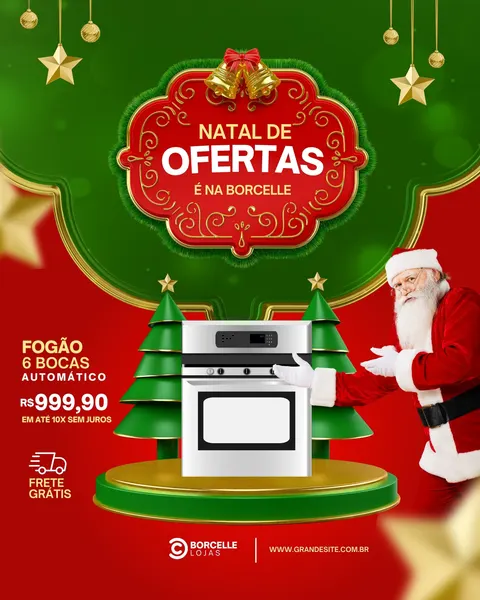 Post de Instagram com tema de Natal para loja de eletrodomésticos. Um fogão de 6 bocas é exibido com o Papai Noel ao lado, promovendo 'Natal de Ofertas' com frete grátis e 10x sem juros.