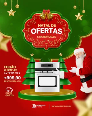 Post de Instagram com tema de Natal para loja de eletrodomésticos. Um fogão de 6 bocas é exibido com o Papai Noel ao lado, promovendo 'Natal de Ofertas' com frete grátis e 10x sem juros.