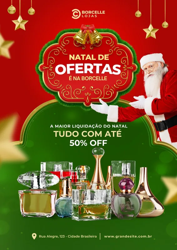 Panfleto A4 verde e vermelho com tema de Natal, apresentando a frase 'Natal de Ofertas é na Borcelle' e diversas garrafas de perfume. Papai Noel sorri e aponta para a oferta de até 50% de desconto, ideal para lojas de cosméticos e perfumaria.