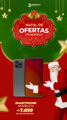 Story de Instagram com tema natalino para promoção de smartphones. Fundo verde e vermelho com elementos festivos como sinos e estrelas. Um Papai Noel sorridente apresenta um smartphone com preço e parcelamento em destaque.
