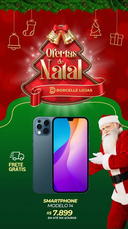 Template de Story para Instagram com tema de Natal, apresentando um smartphone moderno em destaque. Fundo vermelho com elementos natalinos como sinos e pinhas, e a figura do Papai Noel. Inclui texto 'Ofertas de Natal' e detalhes de frete grátis.