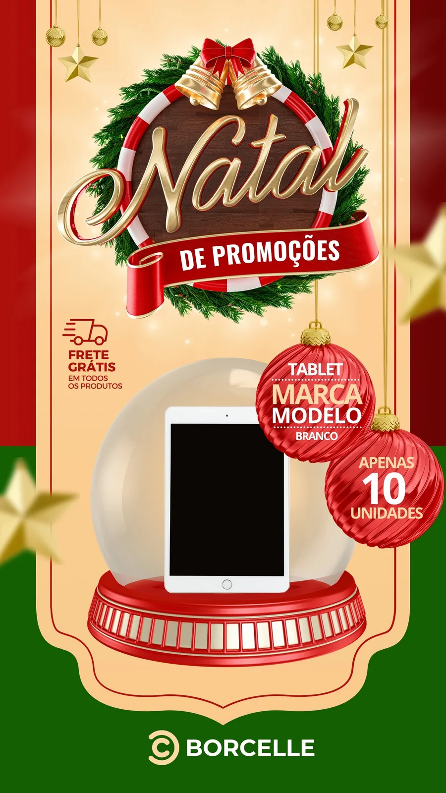 Template de Story para Instagram com tema natalino, apresentando um tablet dentro de uma esfera de neve, com enfeites de Natal, sinos e a frase 'Natal de Promoções'. Cores predominantes verde, vermelho e dourado, com destaque para a oferta de frete grátis e unidades limitadas.