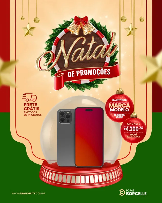 Post de Instagram para loja de smartphones com tema de Natal. Um smartphone moderno em destaque, cercado por elementos natalinos como guirlanda, sinos e bolas vermelhas. O texto anuncia 'Natal de Promoções' e 'Frete Grátis', com detalhes de preço e parcelamento.
