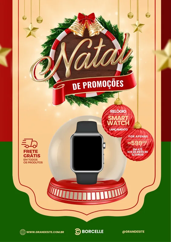 Cartaz de promoção de Natal com tema de smartwatch. Um relógio inteligente é exibido em uma base decorativa, cercado por elementos natalinos como guirlandas, sinos e estrelas. O texto destaca 'Natal de Promoções', 'Smartwatch Lançamento' e 'Frete Grátis'.