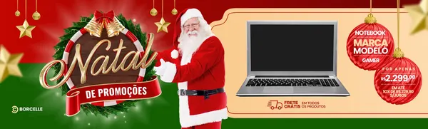 Banner horizontal de Natal com Papai Noel, um notebook e enfeites natalinos. Destaca "Natal de Promoções" e "Frete Grátis em Todos os Produtos", com preço de notebook em destaque.