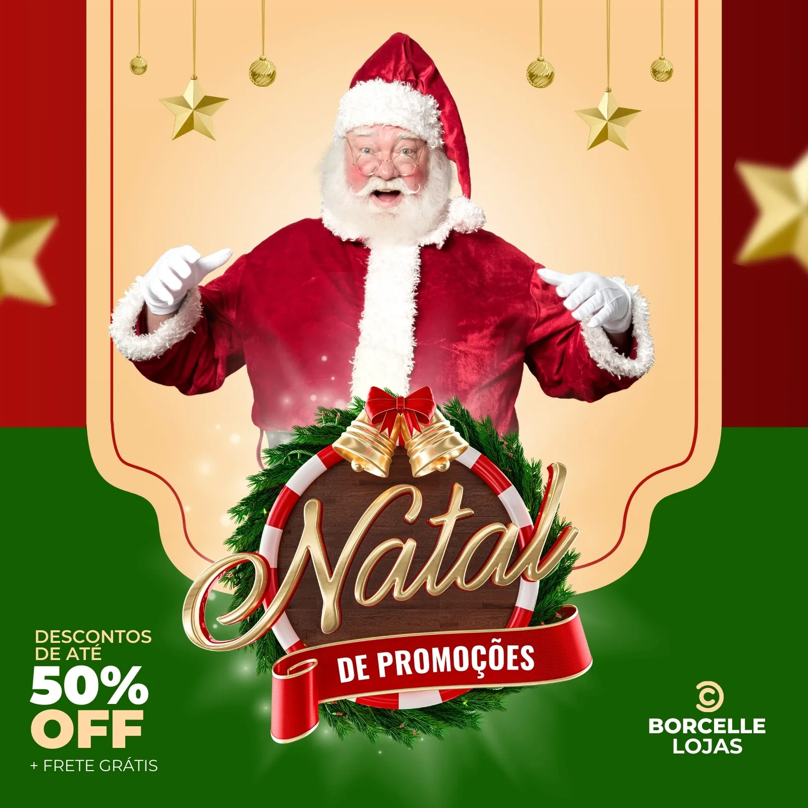 Template de post para Instagram com tema de Natal. Papai Noel sorridente aponta para um círculo decorado com guirlanda natalina, sinos dourados e a frase 'Natal de Promoções'. Ao lado, destaque para 'Descontos de até 50% OFF + Frete Grátis'. Fundo verde e vermelho com detalhes dourados.