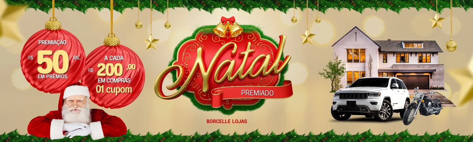 Banner horizontal de Natal com tema de sorteio. Apresenta um Papai Noel, bolas de Natal vermelhas com detalhes de prêmios, o título 'Natal Premiado' em dourado e imagens de uma casa, um carro e uma moto, com decorações natalinas.