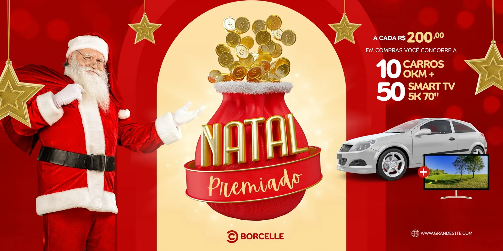 Banner horizontal de promoção de Natal com Papai Noel, saco de moedas douradas e o texto "Natal Premiado". Ao lado, imagens de um carro e uma TV, com a oferta de sorteio de 10 carros e 50 TVs para compras acima de R$200.