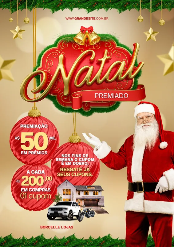 Template de postagem para redes sociais com tema de Natal, apresentando o Papai Noel sorrindo e acenando. O design inclui elementos dourados e vermelhos, como sinos, estrelas e bolas de Natal com texto sobre prêmios e cupons.