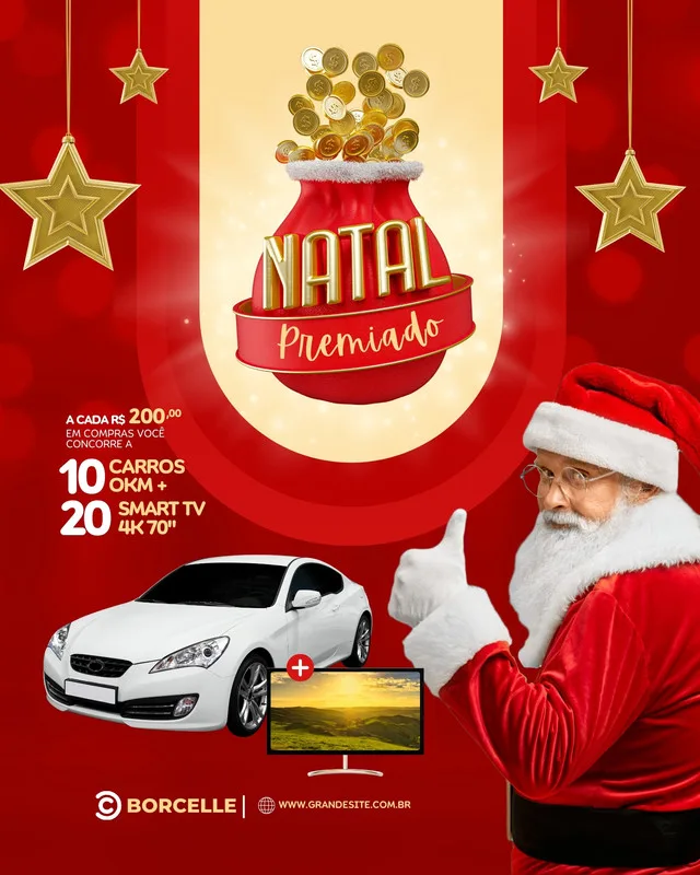 Template de post para Instagram com tema de Natal. Um saco vermelho transbordando moedas de ouro e a frase 'Natal Premiado' em destaque. Ao lado, um carro branco, uma TV e o Papai Noel com joinha. Cores predominantes: vermelho e dourado.